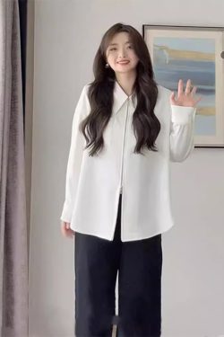 Plus Size Women's Long Sleeve Lapel Shirt with Double Zipper, Loose Fit Spring Autumn Top, Trendy and Slimming Fashion for Curvy Figures