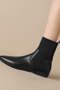 Pointed Toe Flat-Bottom Elastic Sock Boots - Low-Heeled Knitted Wool Short Martin Boots in Genuine Leather, Sizes 41-43