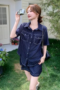 Polka Dot Denim Short Sleeve Shirt and Shorts Two-Piece Set - Elegant Summer OOTD for a Chic 90s Look