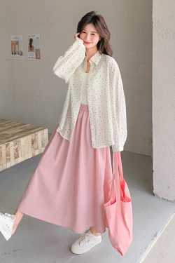 Polka Dot Shirt and Pink Skirt Two-Piece Set - Elegant Summer Outfit for a Youthful Look - Perfect for May Day and OOTD Styling