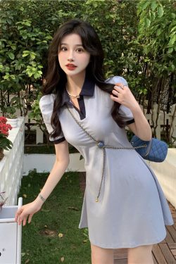Polo Collar Dress with Puff Sleeves, Slimming Waist-Cinching Design, College Style for Summer, Age-Reducing Sweet Look