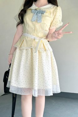 Pudding Bear JK Uniform Doll Collar Top & Polka Dot Skirt Set - Women's Sweet Summer College Style Outfit