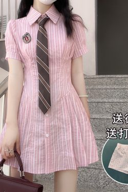 Pudding Bear Waist-Cinching A-Line Short Dress - Striped Pink Women's Dress for Spring Summer - Trendy 90s Inspired Style