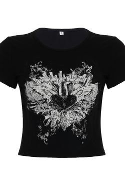 Punk Rock Cropped T-shirt for Women - Dark Aesthetic Printed Short Sleeve Top - Casual Versatile Niche Fashion