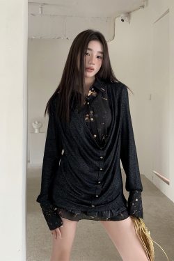 Punk Y2K Rock V-Neck Top - Autumn Shibuya Style Spliced Long Sleeve Shirt for Women
