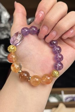 Purple Crystal Bracelet - Natural Bead String with Gold Shape & Black Gold Super Seven - Unique Wealth Master Design