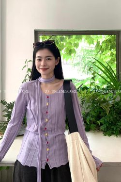 Purple Hollow Knit Top - Elegant Youthful Style, Sun Protection Shirt, 2024 Fashion, Trendy Knitwear for Outdoor Activities
