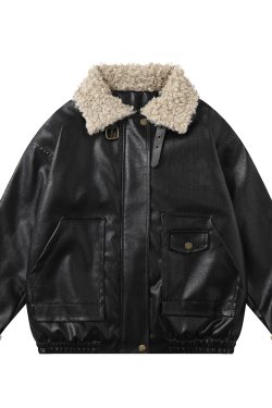 Quilted Collar Leather Motorcycle Jacket for Women, American Style, Loose Fit, Warm Cotton Blend, Trendy Casual Outerwear