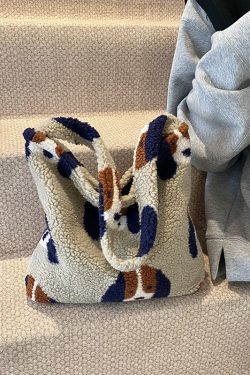 Rainbow Striped Fleece Plush Tote Bag for Women - Large Capacity Shoulder Crossbody Bag for Spring & Summer 2025