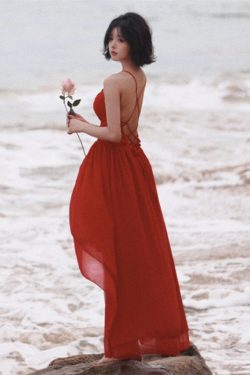 Red Backless Halter Beach Dress for Women - Summer Fairy Style Vacation Outfit, Long and Flowing for Travel and Beach Photos