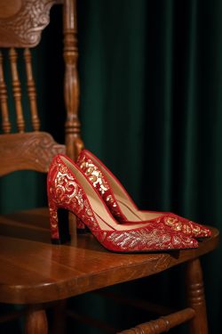 Red Chunky Heel Wedding Shoes for Chinese Bride - High-End Xiuhe Embroidered Qipao High Heels, Comfortable Design