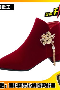 Red Chunky Heel Wedding Shoes for Women, Comfortable High Heels & Ankle Boots, 2024 Winter Style, Perfect for Xiuhe Dresses