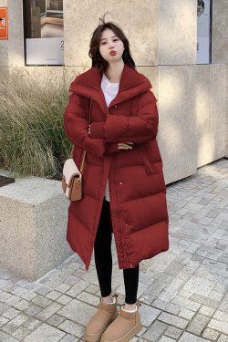 Red Mid-Length Down Jacket for Women - Harbor Style, Knitted Splicing, Thick White Duck Down, Trendy Winter Outerwear