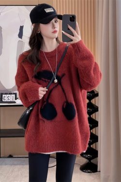 Red Mid-Length Loose Pullover Sweater for Women - Autumn Winter 2024 Fashion, Cozy Lazy Chic Top