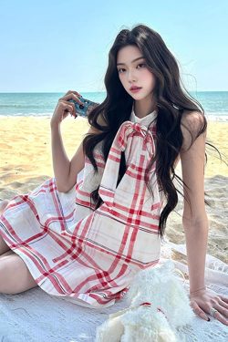 Red Plaid Halter Dress with Bow Tie, Sleeveless Short Skirt, Perfect for Petite Travel, Vacation & Photo Shoots, Y2K Style