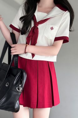 Red Pudding Bear Embroidered Color Block Sailor Suit Women's JK Uniform Academy Style with Navy Collar - Trendy Y2K Fashion Set