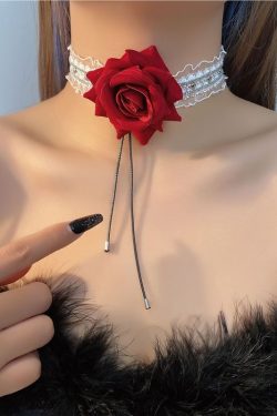 Red Rose Lace Choker Necklace with Tulle Flowers and Ribbons - Romantic Accessory for a Cute, Innocent Look