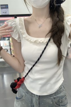 Red Short-Sleeved Women's T-Shirt with Butterfly Knot, Lace Edges, and Wide Neckline - Unique Y2K Style with Flowy Sleeves