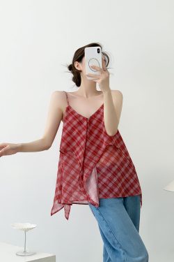 Red Vintage Slimming Plaid Double-Layer Cami Top for Women - Irregular Summer Outer Wear, Perfect for Y2K and Casual Style