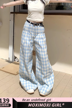 Refreshing Blue Checkered Casual Long Pants - Summer Loose Fit Energetic Style for Effortless 90s Vibes