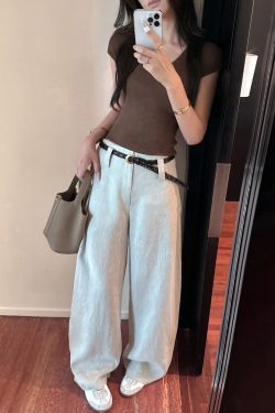 Relaxed Comfort Wide-Leg Pants in 100% Linen with Curved Blade Design - Effortless Chic for Y2K and Casual Style