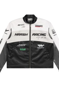 Retro American Street Style Racing Jacket with Collar - Edgy Fashion for 90s and Y2K Inspired Looks