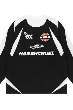 Retro American Style Color-Blocking Deconstructed 86 Football Racing Knitted Sweater for Y2K and Streetwear Fashion