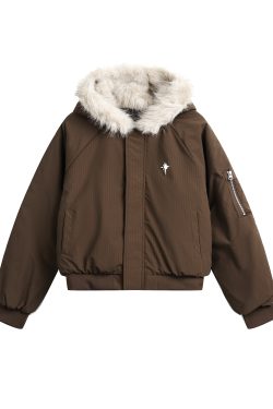 Retro American-Style Fur-Collared Hooded Cotton Jacket for Couples - Thickened Loose Fit Winter Coat for Men and Women