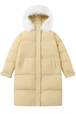 Retro American Style Solid Color Fur-Collared Hooded Mid-Length Thick Warm Couple's Coat