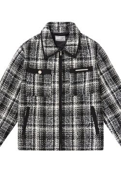 Retro Black and White Check Short Jacket with Coarse Tweed and Tassels - 90s Inspired American Fashion