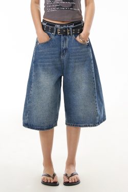 Retro Blue Denim Wide-Leg 3/4 Pants for Women - Casual American Street Style Mid-Length Shorts, Versatile Y2K Fashion