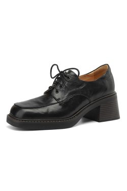 Retro British Style Leather Loafers for Women, Lace-Up, Square Toe, Chunky Heel, Sheepskin, Versatile Autumn Footwear