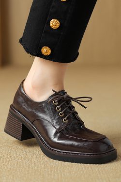 Retro British Style Leather Loafers for Women, Lace-Up, Square Toe, Chunky Heel, Sheepskin, Versatile Autumn Footwear