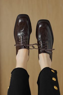 Retro British Style Leather Loafers for Women, Lace-Up, Square Toe, Chunky Heel, Sheepskin, Versatile Autumn Footwear