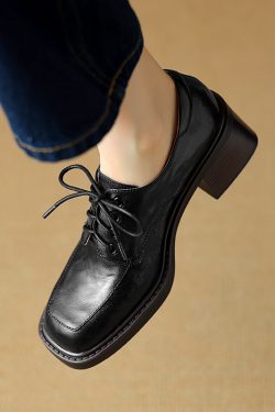 Retro British Style Leather Loafers for Women, Lace-Up, Square Toe, Chunky Heel, Sheepskin, Versatile Autumn Footwear