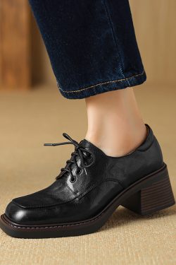 Retro British Style Leather Loafers for Women, Lace-Up, Square Toe, Chunky Heel, Sheepskin, Versatile Autumn Footwear