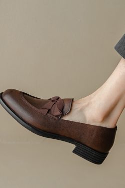 Retro British Style Leather Loafers for Women, Round Toe Chunky Heel Slip-On Flats, Soft Cowhide, Spring Autumn Mid-Heel Shoes