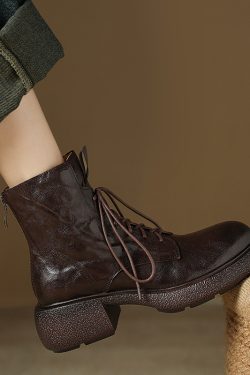 Retro British Style Thick-Soled Lace-Up Martin Boots for Women, Chunky-Heeled Sheepskin Short Boots, 2024 Autumn Fashion, Size 41