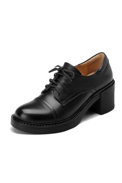 Retro British Style Women's Lace-Up Chunky Heel Loafers - Mid-Heel Genuine Leather Shoes Size 41-43