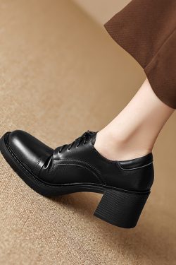 Retro British Style Women's Lace-Up Chunky Heel Loafers - Mid-Heel Genuine Leather Shoes Size 41-43