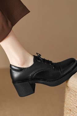 Retro British Style Women's Lace-Up Chunky Heel Loafers - Mid-Heel Genuine Leather Shoes Size 41-43