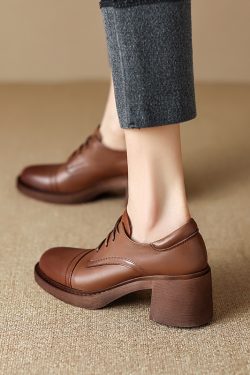 Retro British Style Women's Lace-Up Chunky Heel Loafers - Mid-Heel Genuine Leather Shoes Size 41-43