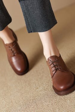 Retro British Style Women's Lace-Up Chunky Heel Loafers - Mid-Heel Genuine Leather Shoes Size 41-43