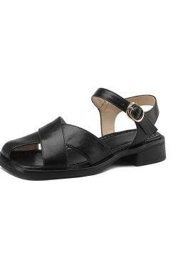 Retro Brown Closed-Toe Sandals for Women - Summer Chunky Heel One-Strap Roman Shoes in Genuine Leather, Versatile Large Size 41-43
