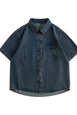 Retro Chinese-Style Distressed Denim Short Sleeve Shirt for Men and Women, Loose Summer Half Sleeve with Frog Buttons
