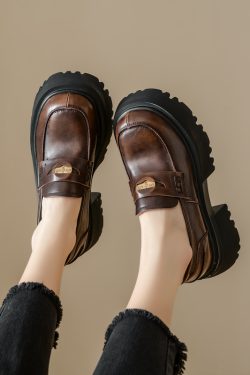 Retro Chunky Heel Loafers for Women, Thick-Soled Slip-On Leather Flats with Gold Coin Detail, College Style, Petite Sizes