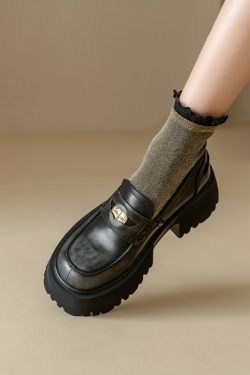 Retro Chunky Heel Loafers for Women, Thick-Soled Slip-On Leather Flats with Gold Coin Detail, College Style, Petite Sizes