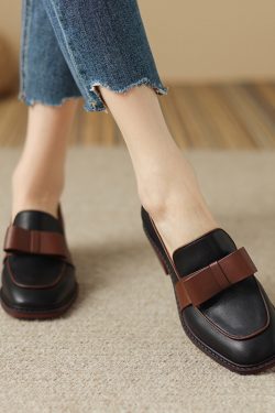 Retro Chunky Heel Slip-On Loafers for Women, Genuine Leather Square Toe Bowknot Flats, 2025 British Style Fashion Shoes