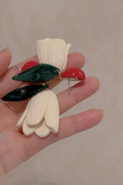 Retro Color-Blocking Floral Tulip Earrings for Women, Unique Exaggerated Design, Sweet Hong Kong Style Ear Clips for Small Faces