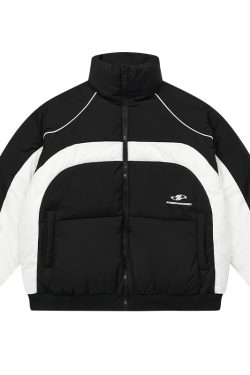 Retro Color-Blocking Spliced Sports Jacket with Curved Split Design and Stand Collar – American Style Cotton Outerwear